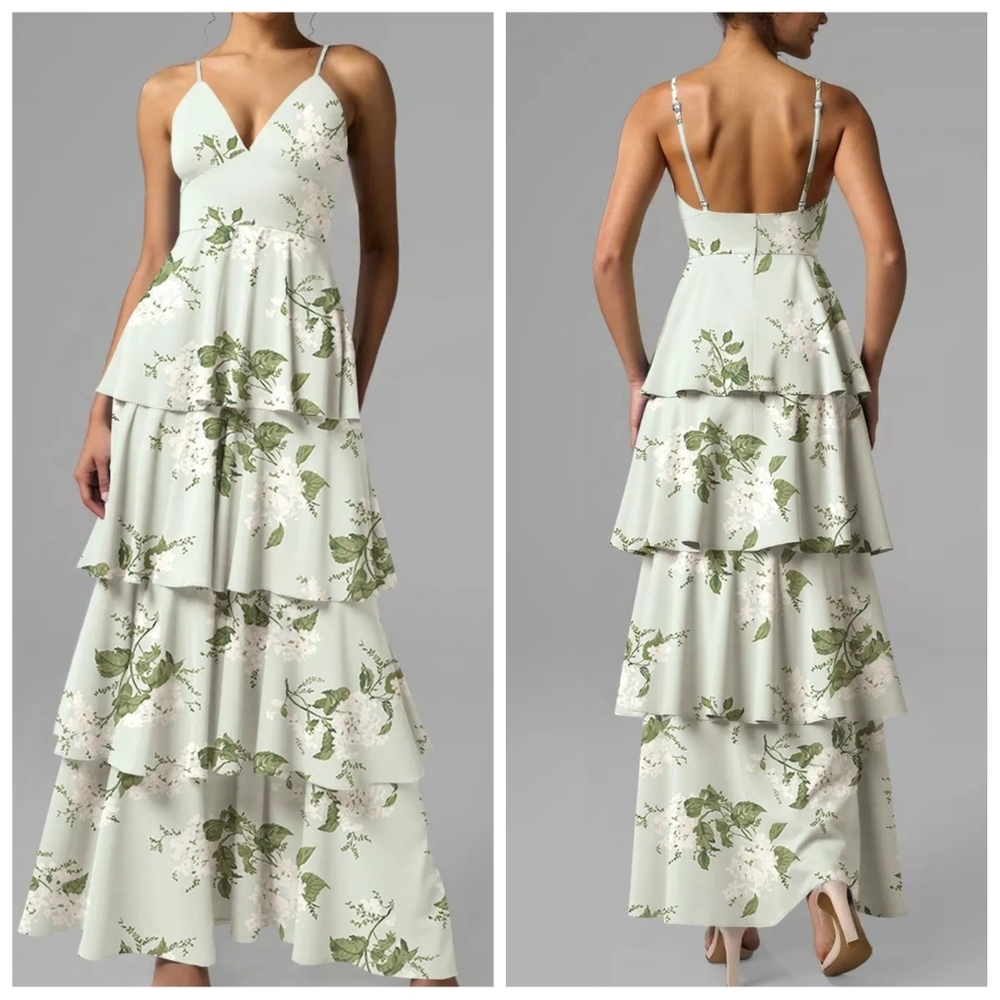 AW Bridal Lachlan Satin Charmeuse Tiered Dress | US 4 | Sage | NWOT